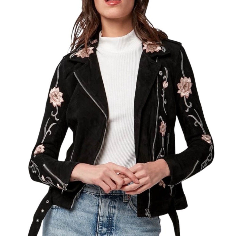 AS by DF Lotus Black Suede Leather Blush Pink Embroidered Flower Moto Jacket - M